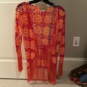 Hot pink and orange crochet cardigan with fringe - small
